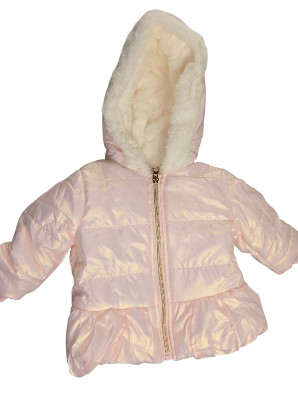 First Impressions Baby Girls Pink Iridescent Puffer Jacket Faux Fur Hood 3-6 M